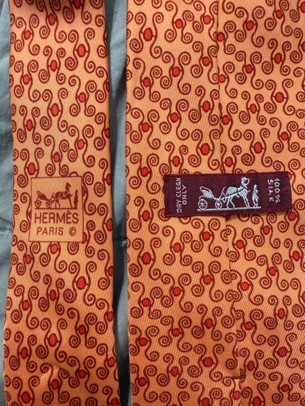 Hermes Orange and Red Spiral Pattern Silk Tie